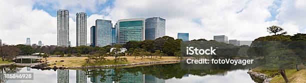 Tokyo Shiodome Grattacieli Tranquillo Pond Riflettendo Pines Panorama Giappone - Fotografie stock e altre immagini di Albero