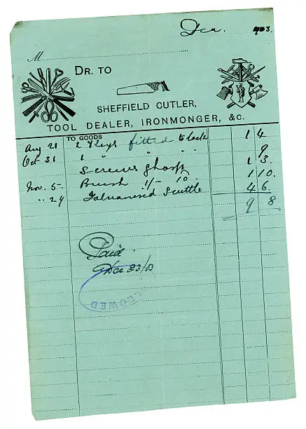 A bill issued in 1903 by an ironmonger and tool dealer, for various items including a galvanised scuttle.