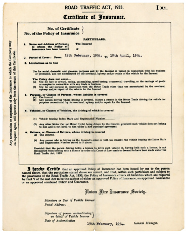 An old certificate of motor insurance issued for part of 1954. (The name of the insurance company is fictitious.)More officialdom from my lightboxes: