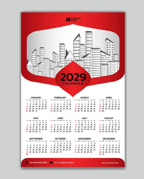 Vector illustration of Wall calendar 2029 year red template vector with Place for Photo and Logo. Week Starts on sunday. desk calendar  2029 design, Set of 12 Months, printing media, poster, calendar 2029 design