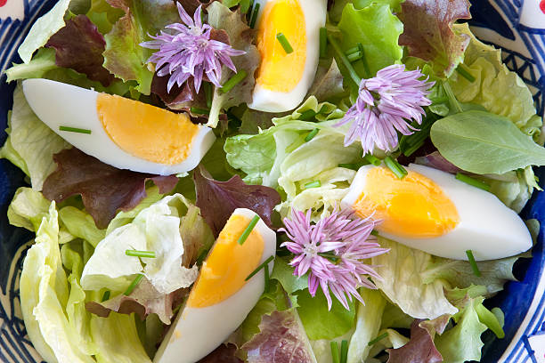 salada com flor de cebolinha - chive blossom imagens e fotografias de stock