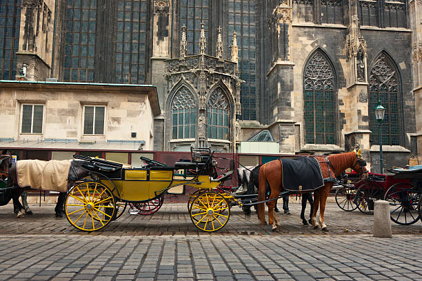 Horse carriages stand along the street Background is blurred