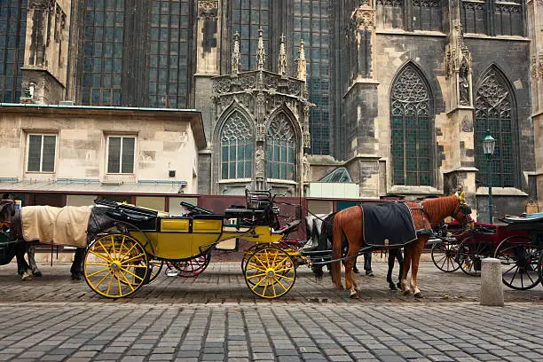 "Horse-drawn carriage, Traditional Fiaker, in front of the famous Stephansdom Cathdral in Downtown Vienna, Austria."