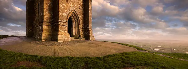 The summit of Glastonbury Tor, with the base of St. Michaels's Church in the foreground.