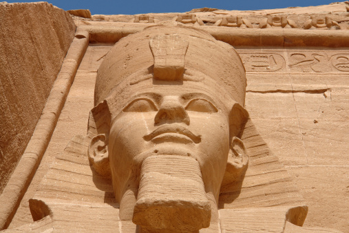 The first statue of young king pharaoh Ramses II in Abu Simbel Egipt (landscape); Photo: April 2006