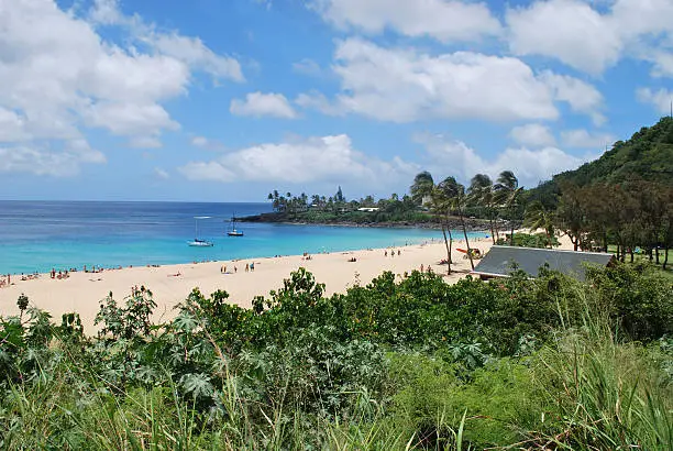 Waimea Bay Beach Park is located on Oahu's North Shore. During the summer months the water of this bay is calm and great for swimming with a large sandy beach area.