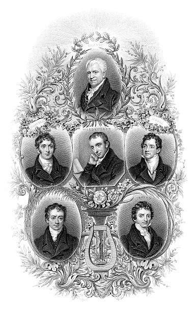 Famous Writers and Poets "Vintage engraving from 1874 showing George Crabbe, Thomas Campbell, William Wordsworth, Moore, Charles Lamb and Irving" william wordsworth stock illustrations