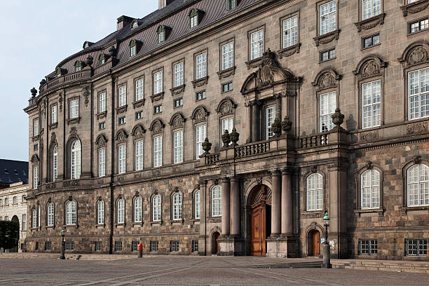 The entrance to the Danish parliament which is situated in Christiansborg castle in the middle of Copenhagen. The current Christiansborg is build in a neo-baroque style. The construction took place from 1906 to 1928 after a fire had destructed the former castle.
