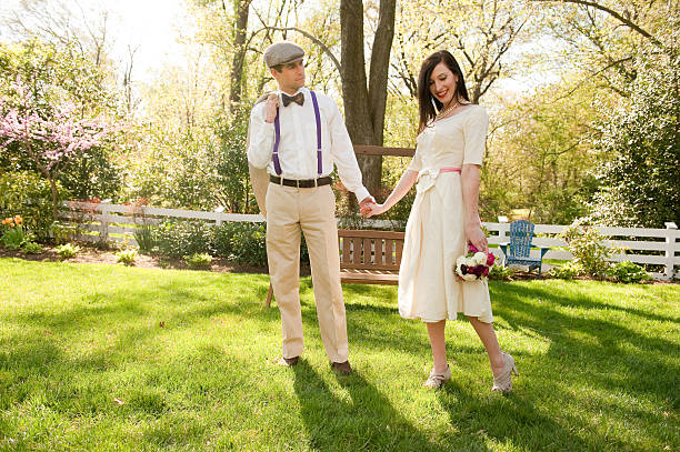 Romantic moment with vintage inspired wedding bride and groom