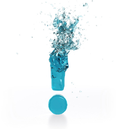 3D rendering of Exclamation mark made of aqua splashing liquid isolated on white background.