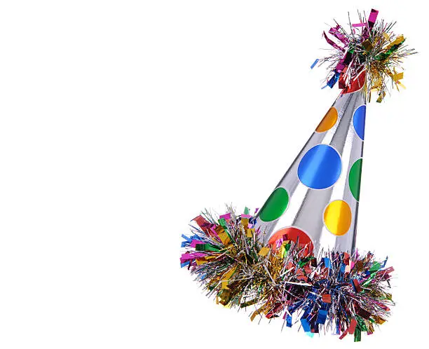 A fun celebration party hat on a white background with copy space for your special text.PLEASE CLICK ON THE IMAGE BELOW TO SEE MY CELEBRATION & PARTY FUN LIGHTBOX: