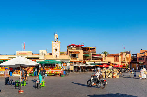 Jemaa el-Fnaa viwe, markets and restaurants at medina of Marrakech, Morocco.
