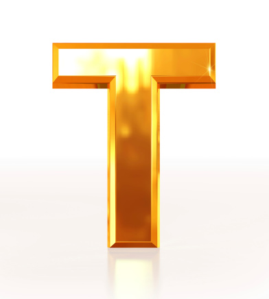 3D rendering of Letter T made of sparkling gold with reflection isolated on white background.