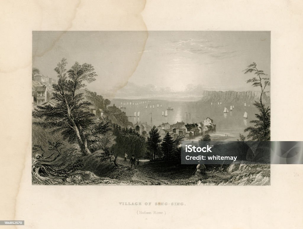 Деревня Фестиваль Синг-Синг, реку Гудзон (Geo силу 1839 - Стоковые иллюстрации Гравировка роялти-фри