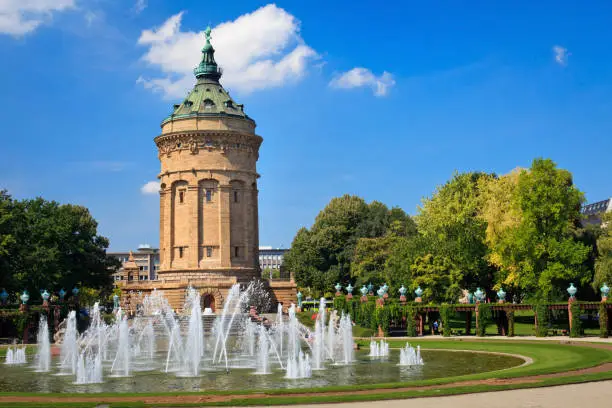 "The Wasserturm (water tower) is the recognized symbol of Mannheim, Germany, located slightly east of the city's center."