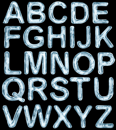 Ice Alphabet letters from A-Z. Realistic and high detailed on a black background. 3D render