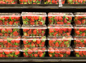 Strawberry on supermarket shelf