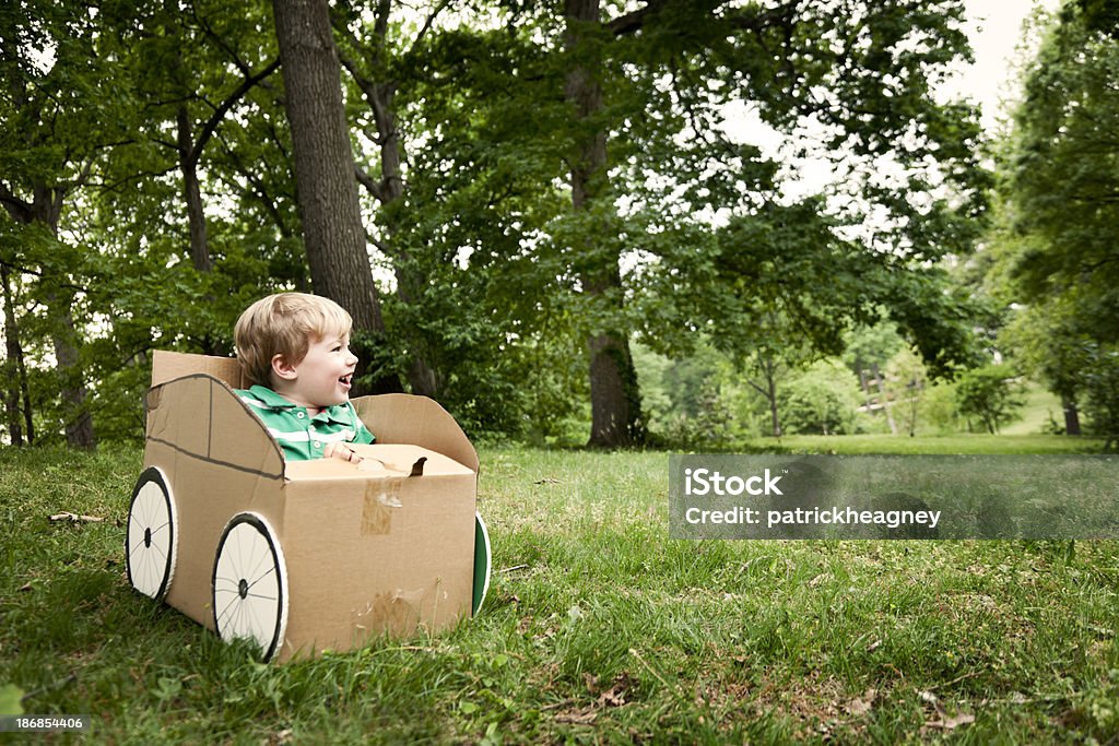 Little Boy en un coche de cartón - Foto de stock de Coche libre de derechos