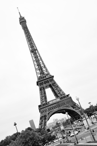 A full shot of the Eiffel Tower, taken in black & white.