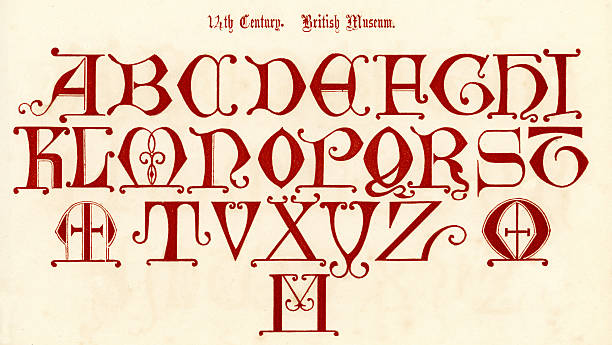 14th Century Style Alphabet Vintage engraving of the alphabet in an 14th century medieval style from the Book of Ornamental Alphabets by  F.G. Delamotte published in 1879 now in the public domain circa 14th century stock illustrations