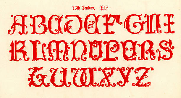 13-го столетия алфавит - ornate text medieval illuminated letter engraved image stock illustrations