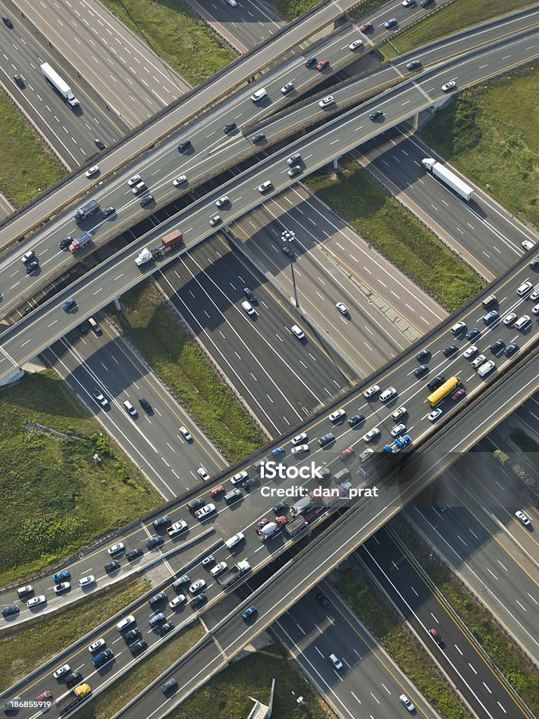 Highway Traffic Aerial view of a gridlocked overpass on a large highway interchange. Highway Stock Photo