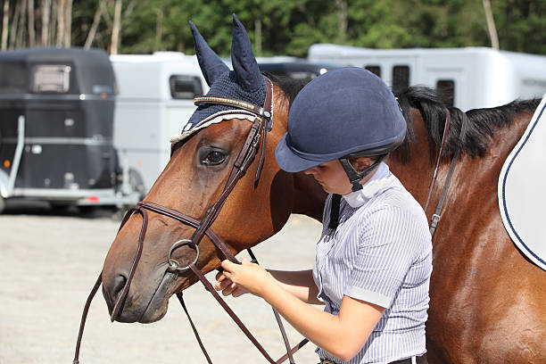 garota preparando-se para a cavalo - white purebred horse riding sports traditional sport - fotografias e filmes do acervo