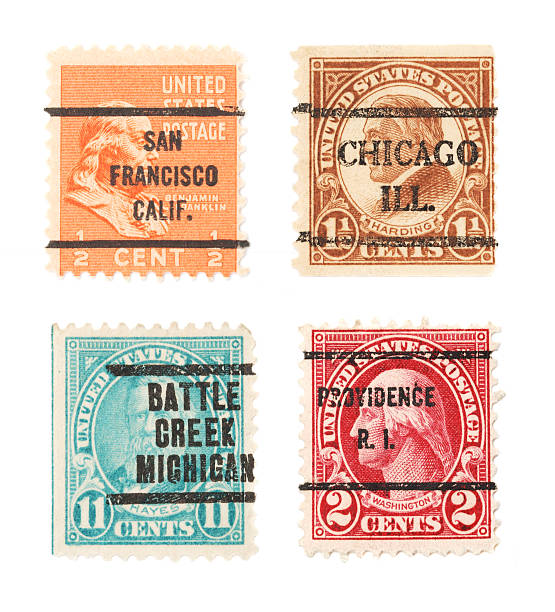 istock Postage stamps with American historical figures and city postmarks 186856735
