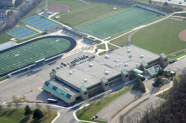 Aerial View of School with Athletic Fields stock photo