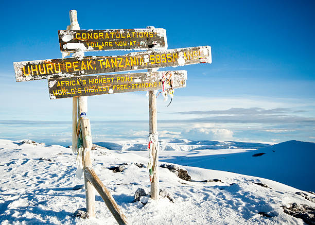 mont kilimandjaro-félicitations, vous avez atteint le sommet. - uhuru peak photos et images de collection