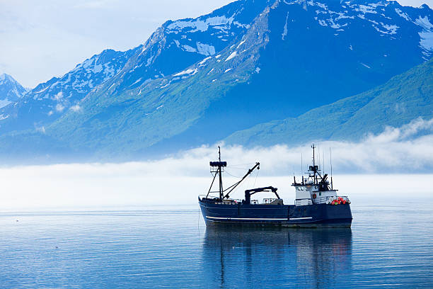 grand bateau de pêche ancré dans valdez, alaska bay - trawler photos et images de collection