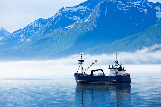 Large fishing boat anchored in Valdez, Alaska bay "Large fishing boat anchored in Valdez, Alaska bay. Chugach Mountains in background." anchorage alaska photos stock pictures, royalty-free photos & images
