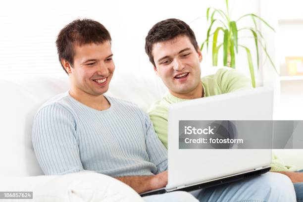 Foto de Duas Jovens Homens Usando Computador Laptop e mais fotos de stock de Casal Gay - Casal Gay, Sentar, Sofá