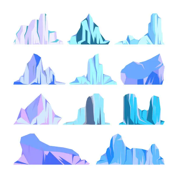 Vector illustration of Floating icebergs collection. Drifting arctic glacier, block of frozen ocean water. Icy mountains with snow. Melting ice peak. Antarctic snowy landscape. South and North Pole. Vector illustration.