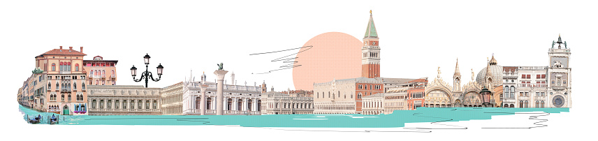 Contemporary artwork. Creative design in retro style. Color image if beautiful buildings in Venice. Vintage town. Concept of creativity, surrealism, imagination, futuristic landscape. Poster