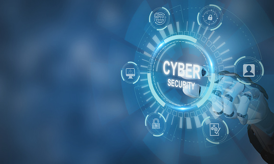 Cyber security concept. Professionals use artificial intelligence AI and techniques to protect organizations from potential threats. Protecting networks, systems, and programs from digital attacks.
