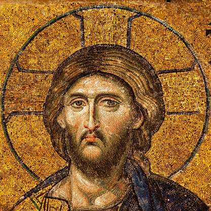 Mosaic of Jesus Christ in the old church of Hagia Sophia in Istanbul, Turkey