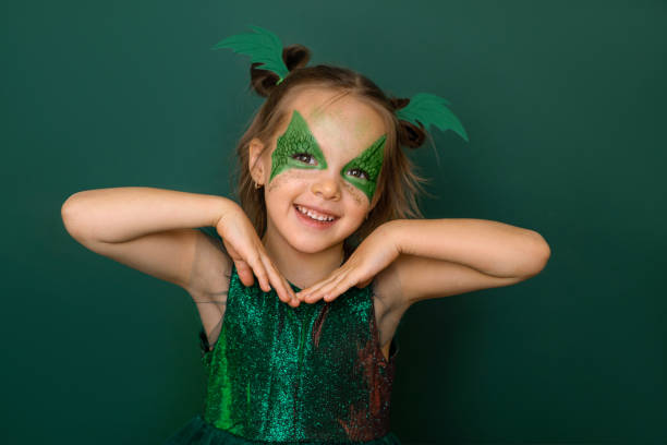 istock Funny comical girl with a pattern around her eyes in the image of a dragon 1868589340