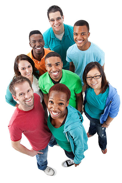 istock Happy group of diverse adults looking up on white background 186858976