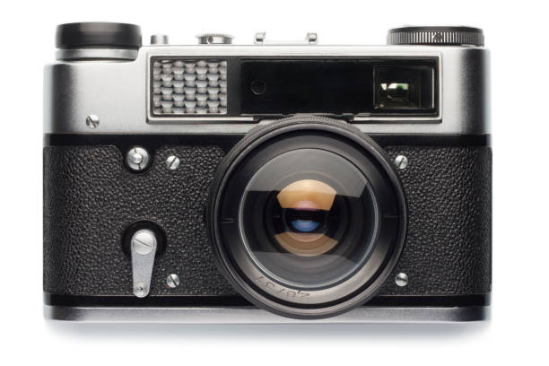 rangefinder 35mm film photo camera isolated on white - rangefinder camera imagens e fotografias de stock