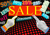 Sale. Man's and woman's hands points to different discounts on a percentage of value. Concept of percentage sell-out. Creative collage