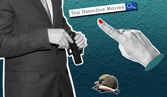 Composite collage. Murder as the plot of a detective film. A girl types Top Detective Movies in the search query. cinephile concept. A movie buff looking for another thriller for the evening