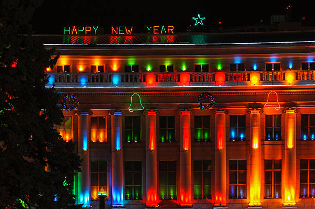 istock Happy New Year Decorated Building 186860554