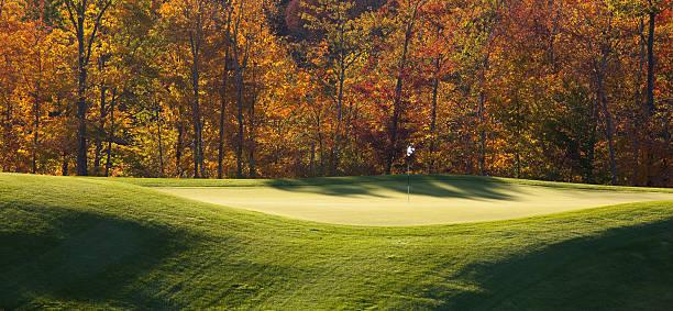 panorama autunnale golf - golf panoramic golf course putting green foto e immagini stock