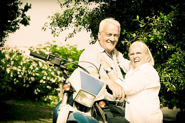 istock Senior couple on motorcycle ride 186861411