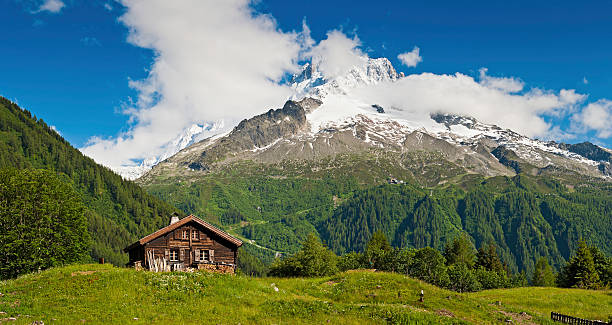 idyllische alpinen chalet sommer bergwiese panorama der alpen - alp village meadow field stock-fotos und bilder