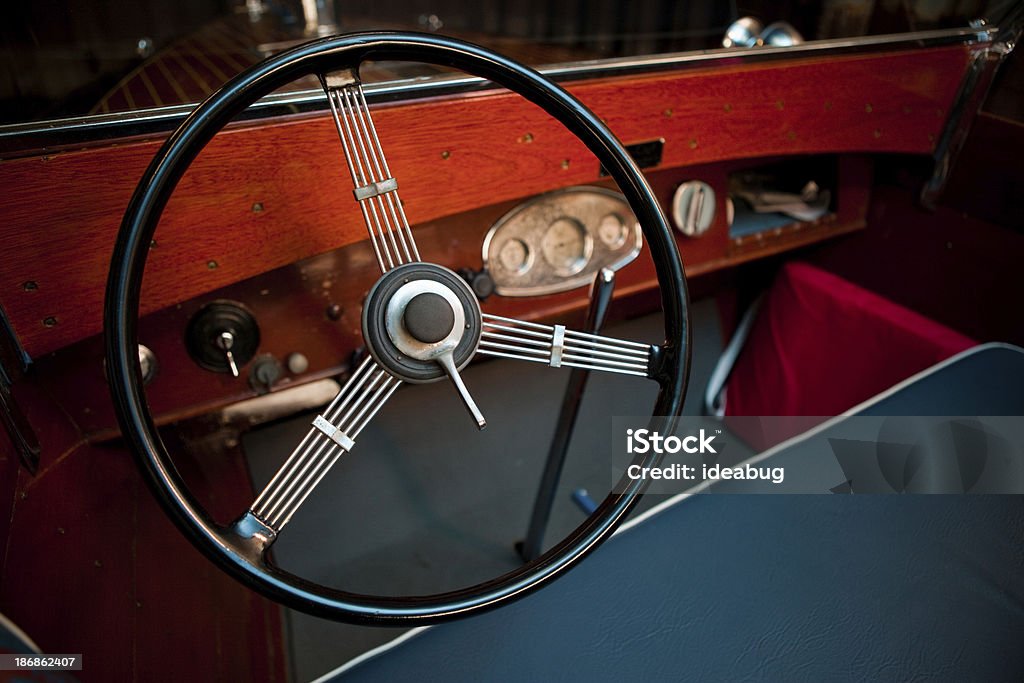 Steering Wheel and Dash on Antique Racer Boat "Color photo of the steering wheel and dash on a restored, antique racer boat." Antique Stock Photo