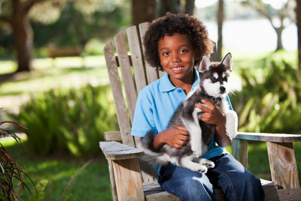istock Little boy holding husky puppy 186862578