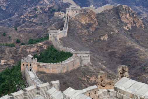 The Great Wall of China. This section of the Great Wall is at Jinshanling, a wild part of the wall with scenic views near Beijing. The Great Wall of China is a UNESCO World Heritage Site.