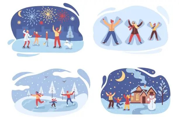 Vector illustration of Set of scenes with people. Active family celebrates Christmas